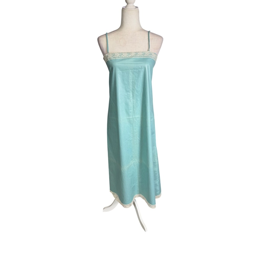 Vintage Baby Blue Satin Slip Dress Medium Lace Trim Handmade Cottagecore